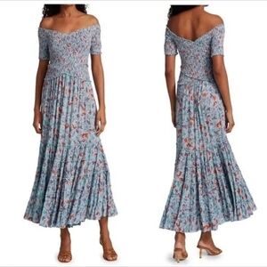 Poupette St. Barth Soledad Tiered Smocked Floral Blue Red Maxi Dress Size Medium